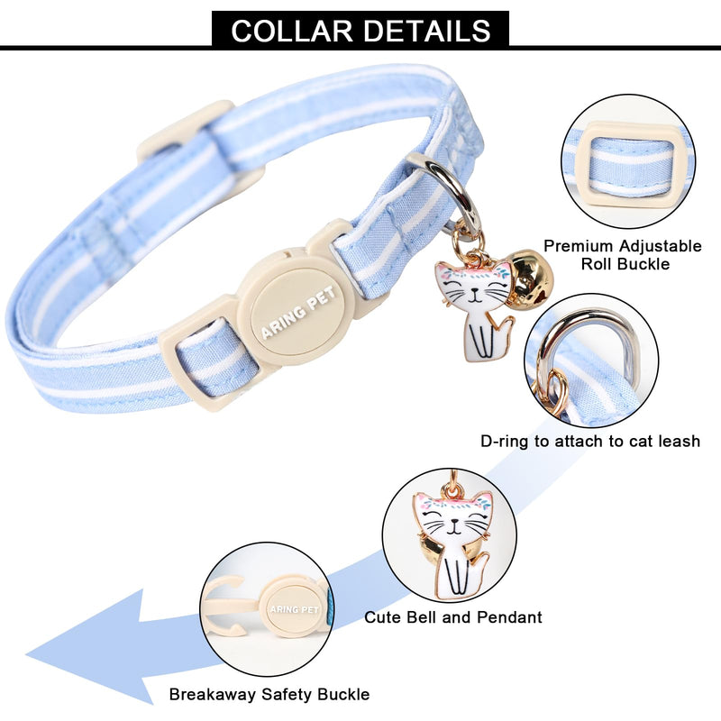 ARING PET 2 Pack Cat Collar-Cute Cotton Cat Collar with Bell & Pendant, Adjustable Blue Green Striped Kitten Collars with Safety Buckle for Girl and Boy Pets blue&green striped - PawsPlanet Australia