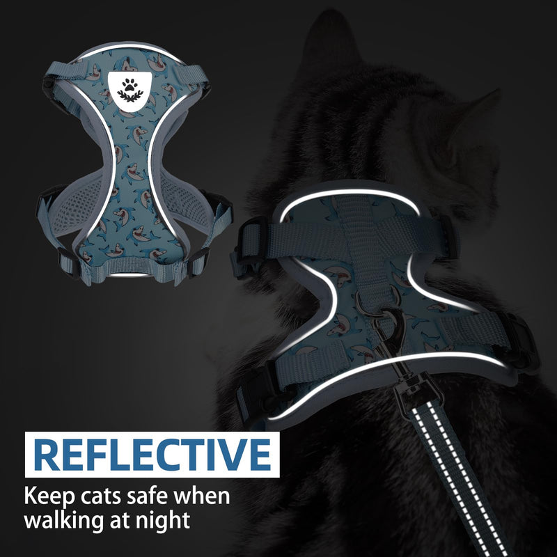 PUPTECK Cat Harness and Leash Set Escape Proof Reflective Cat Walking Harness Adjustable Soft Breathable Mesh Vest for Small Pets, Blue Sharks, S S (NECK 9.5"-11", CHEST 13"-16") - PawsPlanet Australia