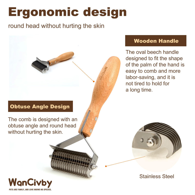 Undercoat Rake Dog Brush Dematting Comb cat shedding tool Dematting Tool Pet Brush Efficiently Detangle and Groom Coats for Large Medium Small Dogs and Cats Comb for Grooming Premium Wood Handle Round Handle - PawsPlanet Australia