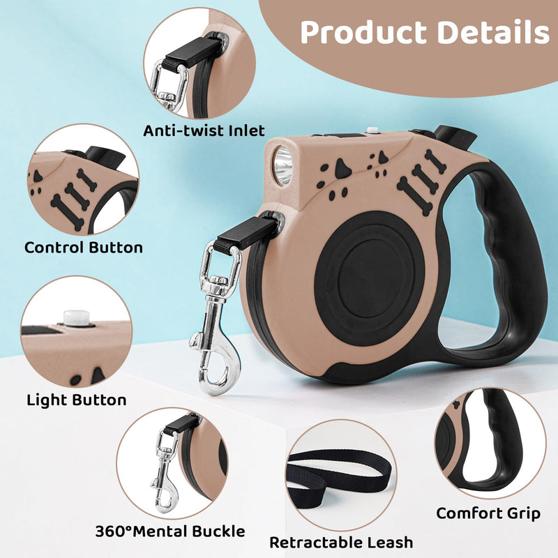 16FT Retractable Dog Leash with LED Flashlight for Night Walking, USB Rechargeable Hands-Free Leash for Small Medium Dogs, Automatic Locking & Extending, Beige - PawsPlanet Australia