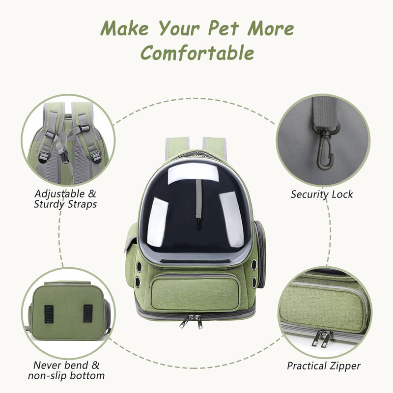 Cat Carrier with Groomer, Breathable Cat Bubble Carrier for Cats or Small Dogs up to 20 lbs, Collapsible Airline Approved, Clear Cat Travel Backpack (Green) Green - PawsPlanet Australia