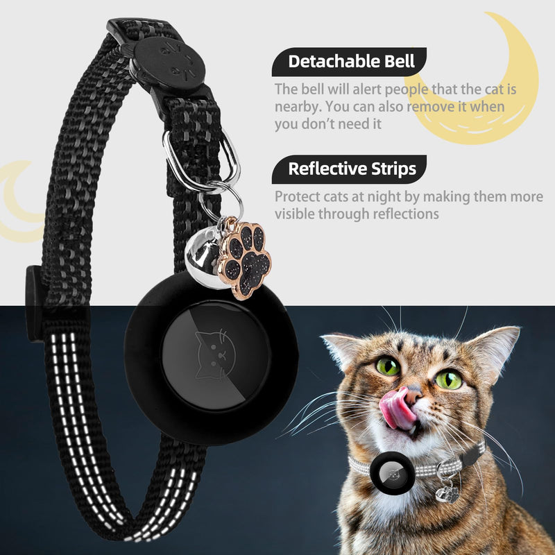 PUPTECK Airtag Cat Collar Breakaway 2 Pack with Bells, Reflective Kitten Collar with Air Tag Holder for Boy Girl Kitty and Puppies, Soft, Black 8-12" Black(Star&Moon) - PawsPlanet Australia