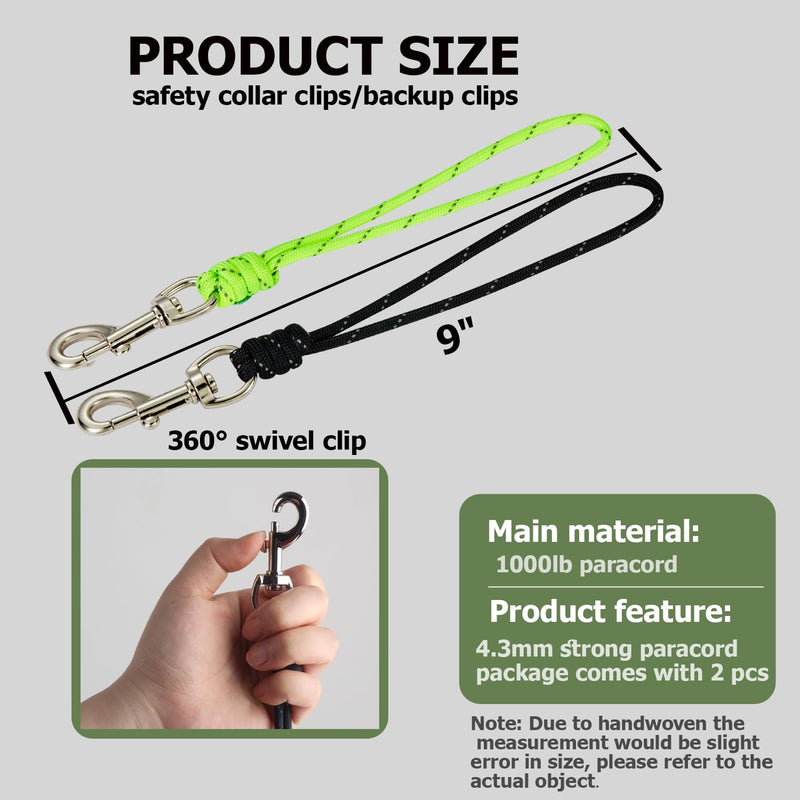 Pet Dog Safety Collar Clip 9" Backup Collars Clips 1000lb 4.3mm Paracord Safety Straps Light Weight High Pull Strength Reflective Design for Pets' Harness and All Collars (Black & Neon Green, 9") Black & Neon Green 9" - PawsPlanet Australia