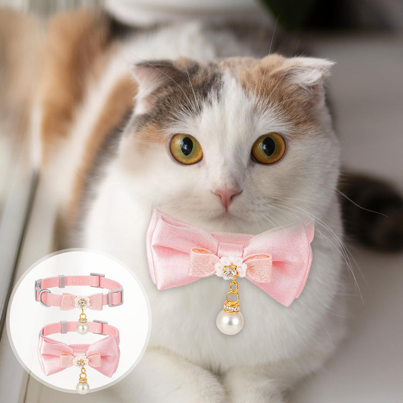 2 Pcs Adorable Cat Collar with Bow Cat Collar Breakaway Pink Cats Bows & Accessories Adjustable Cute Kitten Collars with Pearl Pendant for Girl Cats Pink - PawsPlanet Australia