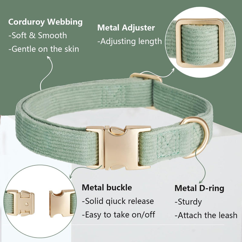 Soft Corduroy Dog Collar and Leash Set Adjustable Durable Dog Collars with Metal Buckle and Lead for Medium Dogs,Grass Green Grass Green - PawsPlanet Australia
