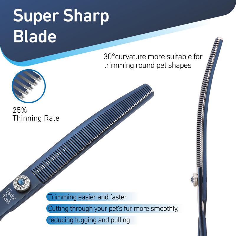 Fenice Peak Professional Dog Grooming Scissors Pet Curved Thinning Shears 7.0'' Extremely Sharp Blades 440C Steel Thinning Scissors Durable Smooth Motion&Fine Cut for Dogs and Cats Blue - PawsPlanet Australia