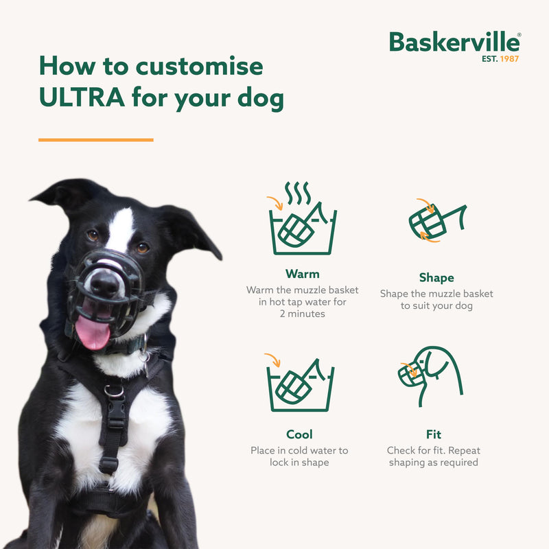 BASKERVILLE ULTRA MUZZLE - Patented Humane Design, Breathable, Dog can Pant and Drink, Adjustable, Padded, Dog Training Muzzle for Large Dogs, Prevents Biting, Wildlife Scavenging (Size 5, Black) - PawsPlanet Australia