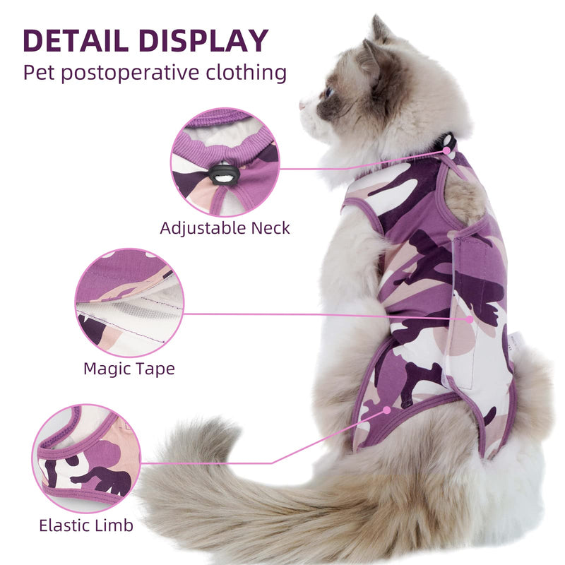 New Professional Cat Recovery Suit After Surgery as E-Collar Alternative, Kitten Recovery Suit for Spay to Cover Abdominal Wounds, Camouflage Cat Apparel Anti-Licking Cat Onesie (S, Purple) Small