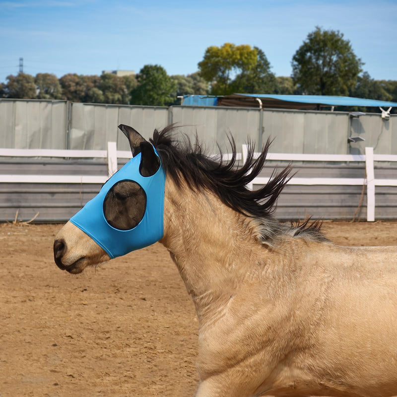 Fly Masks for Horses with Ears UV Protection, Elasticity Horse Fly Mask with Big Mesh Eye Covers - Breathable Comfort Fit Riding & Competition Blue Large Sky Blue