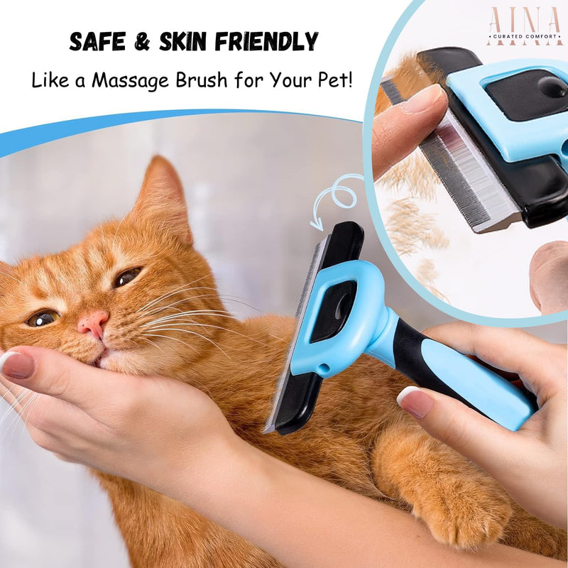 AINA Pet Grooming Comb for Dogs & Cats - Comfortable, Effective, Deshedding, Dematting Pet Combing Tool | Reduces Shedding, Easy to Clean Stainless Steel Head, Smooth Ends & Non-Slip Grip | Blue-Large Large - PawsPlanet Australia