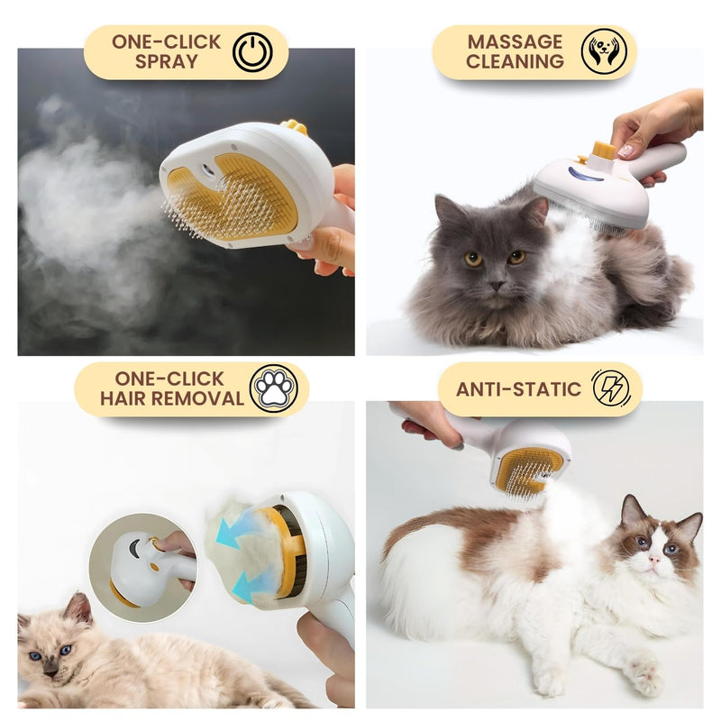 2025 Pet Grooming Brush with Spray for Cats & Dogs; Water/Mist/Steam Brush for Cat & Dog; 4in1: Self Cleaning, Anti Static Shedding Spray Comb, Hair Removal, Misting Indoor Steamy Grooming Brush - PawsPlanet Australia