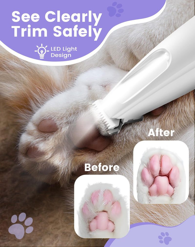 Dog Paw Trimmer with LED Light, 35dB Low Noise Paw Trimmers for Dog's Feet, 2 Speed Safety Electric Dog Clippers for Grooming, Rechargeable Cat Shaver for Paws, Ears, Face, Rump White - PawsPlanet Australia