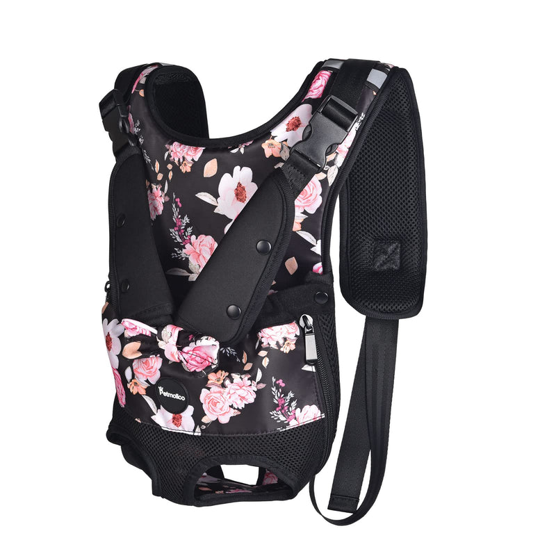 Petmolico Dog Carrier Backpack, Adjustbale Dog Front Backpack Legs Out Puppy Backpack for Small Medium Dogs Travelling Hiking Shopping Black with Peony - PawsPlanet Australia