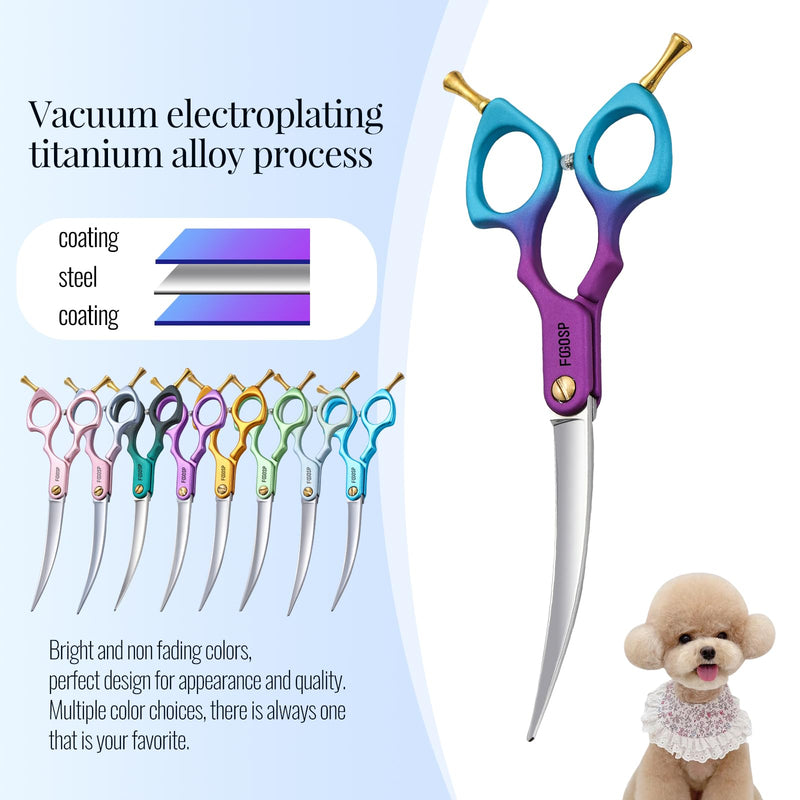 Professional Curved Dog Grooming Scissors with Sharper Self Grinding lightweight and finely trimmed split structure 6.5'' Japan VG10 63HRC for small dogs cat pet(Purple&Blue) 6.5 in,VG10 Purple & Blue - PawsPlanet Australia