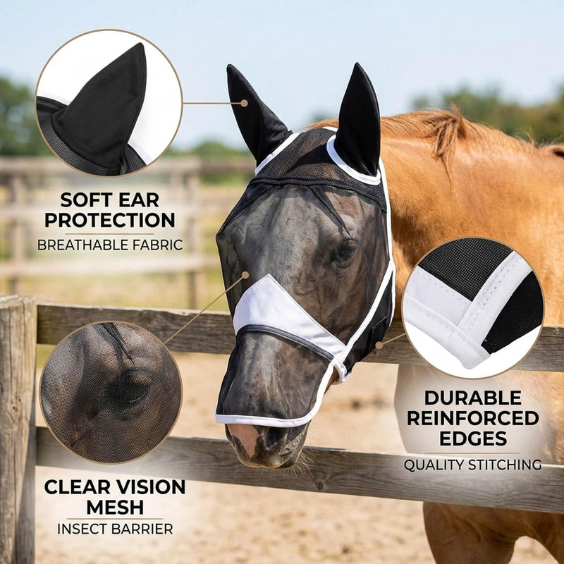 1PCS Fly Mask for Horses, Summer Turnout Protection with Enhanced Visibility, Breathable Mesh and Knit Fabric Design, Tangle-Free Fly Mask for Outdoor Riding and Stable Management (Full (Large))