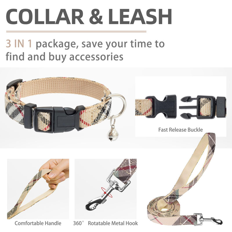 PUPTECK Adjustable Dog Harness Collar and Leash Set Step in No Pull Pet Harness for Small Medium Dogs Puppy and Cats Outdoor Walking Running, Soft Mesh Padded Reflective Vest Harnesses, Beige S S: Chest girth: 14.5-16in Collar: 7.9-11.8in - PawsPlanet Australia