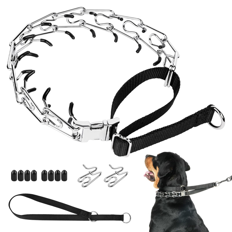 Mayerzon Martingale Prong Collar for Large Medium Dogs Beagle Husky Doberman, Adjustable Pinch Collar for Dogs Walking Training Collar That Pull, Packed with Extra Links, Rubber Cap and Slip Collar L Silver