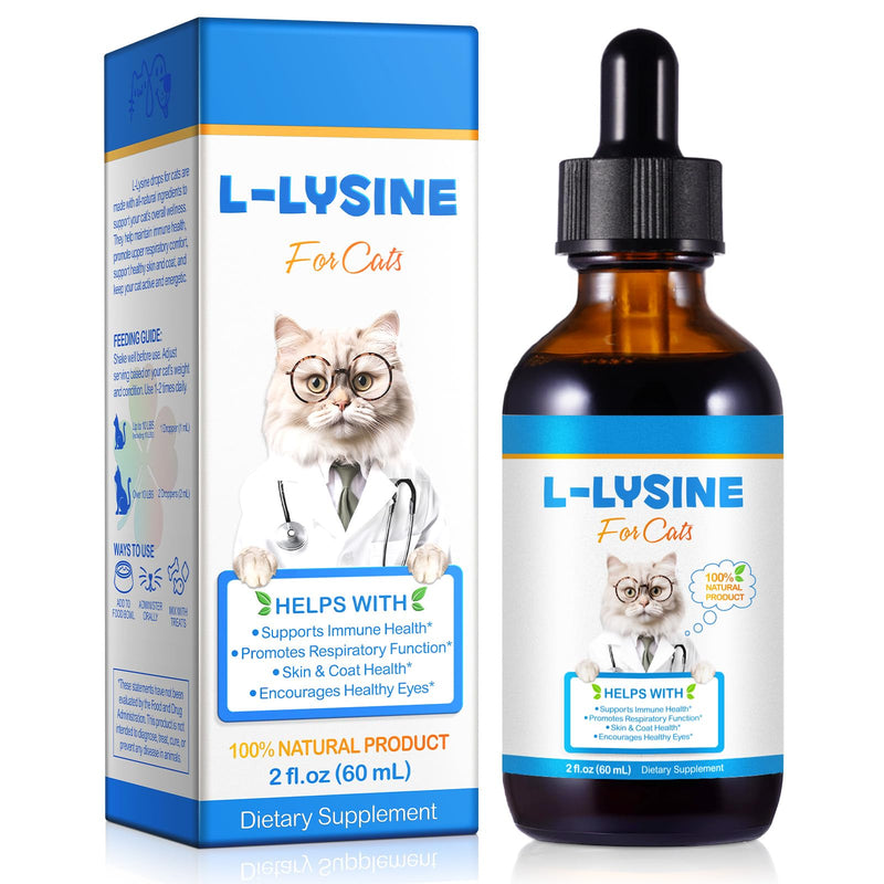 L-Lysine for Cats, L-ysine Supplement for Cats, Cat Immune Support, Cat Lysine Drops, 60ML Drops for Respiratory, Sneezing, Runny Nose, Eye Function, Allergy Relief for Kittens