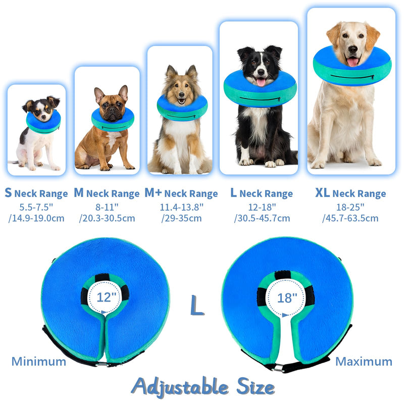Inflatable Dog & Cat Collar, Protective Collar Dog with Adjustable Fastening, Dog Collar, Leak Protection for Recovery After Surgery or Wounds for Dogs (Blue L) Blue [neck: 12"-18"] large