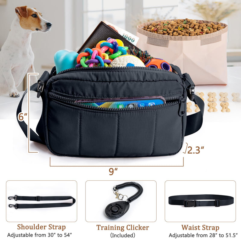 Fashion Dog Treat Pouch with Clicker Stylish Crossbody Dog Walking Bag, 3-in-1 Dog Training Treat Pouch with Removable Waterproof Liner, Treat Holder Waist Bag for Puppy Training & Daily Walks Black