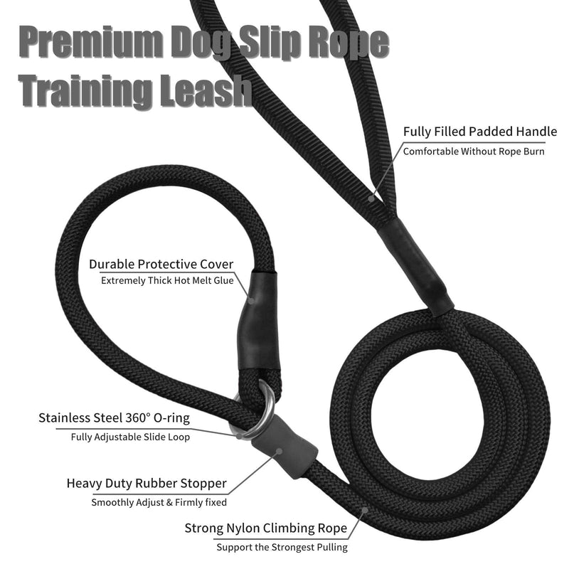 Strong Slip Rope Dog Training Leash (4ft) - Heavy Duty Durable Braided Nylon Lead with Rubber Stopper & Padded Handle - Large Medium Small Dogs No Pull Walking (Black, 1/2" x 4ft) Black - PawsPlanet Australia