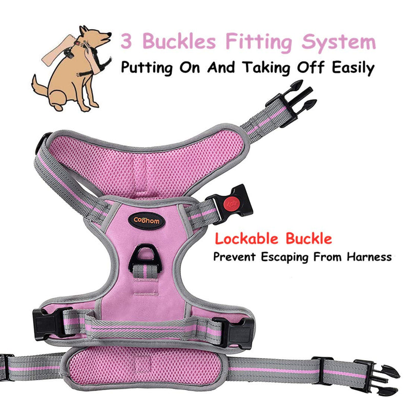 Coohom No Pull Dog Harness with Handle and Two Leash Attachments,Adjustable Outdoor Pet Harness with Reflective Oxford Material for Small Medium Large Dogs L Pink 3 Buckles - PawsPlanet Australia