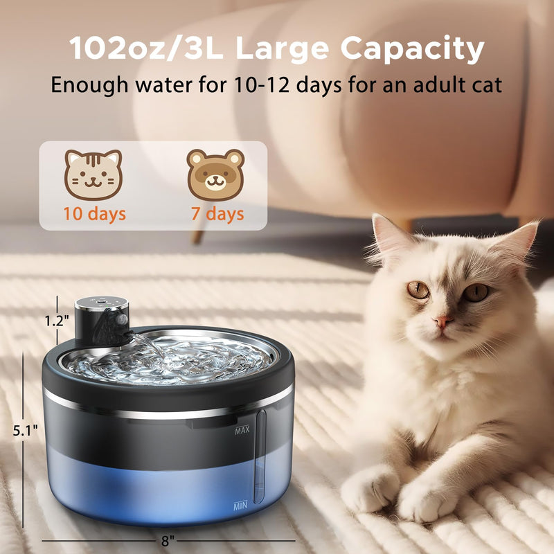 Cat Water Fountain, Wireless Pet Water Fountain, Rechargeable Smart Automatic Cats Dogs Water Dispenser, 102oz/3L Drinking Fountains for Multiple Pets Indoor (Black Transparent, M) Black transparent - PawsPlanet Australia