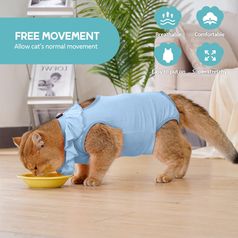 Avont Cat Recovery Suit - Kitten Onesie for Cats After Surgery, Cone of Shame Alternative Surgical Spay Suit with Ruffles for Female Cat, Post-Surgery or Skin Diseases Protection -Blue (L) Blue Large