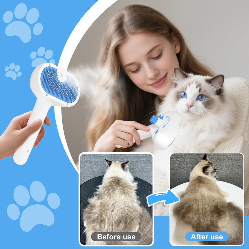 Pet Steam Brush for Dog & Cat - 3-in-1 Steam Grooming Slicker Brush & Undercoat Rake for Shedding - Self Cleaning Spray Comb with Mist for Long & Short Haired Pets - Includes Waterless Shampoo, Blue - PawsPlanet Australia