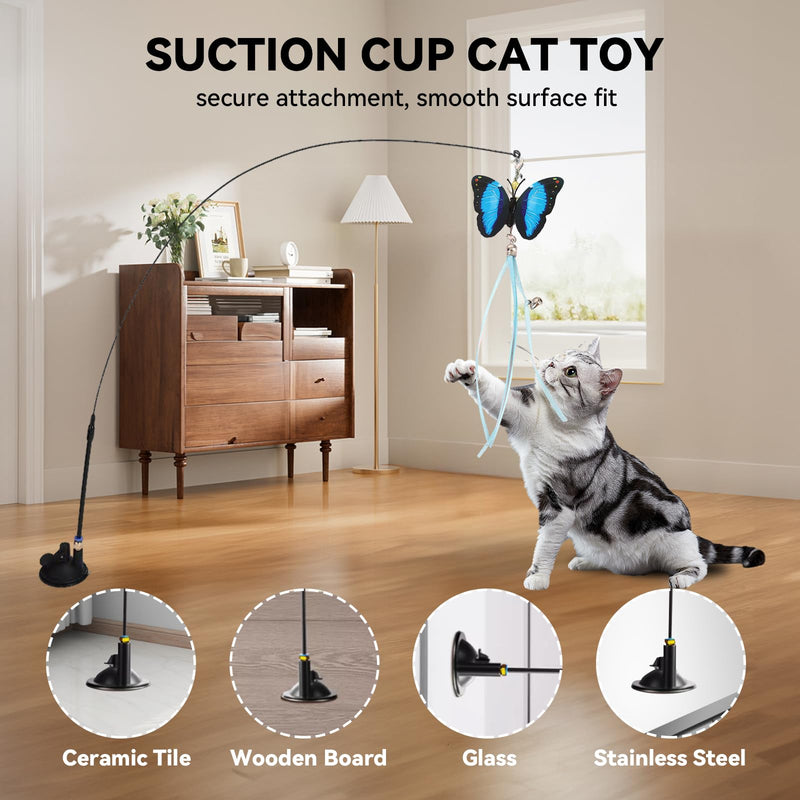 Interactive Cat Toys: 4 Ways to Play Indoor Kitten Wand with Suction Cup, Removable 12Pcs Replacements (Feathers, Mice, Butterflies, Caterpillars, Flies, Fur Balls) – Detachable Design - PawsPlanet Australia
