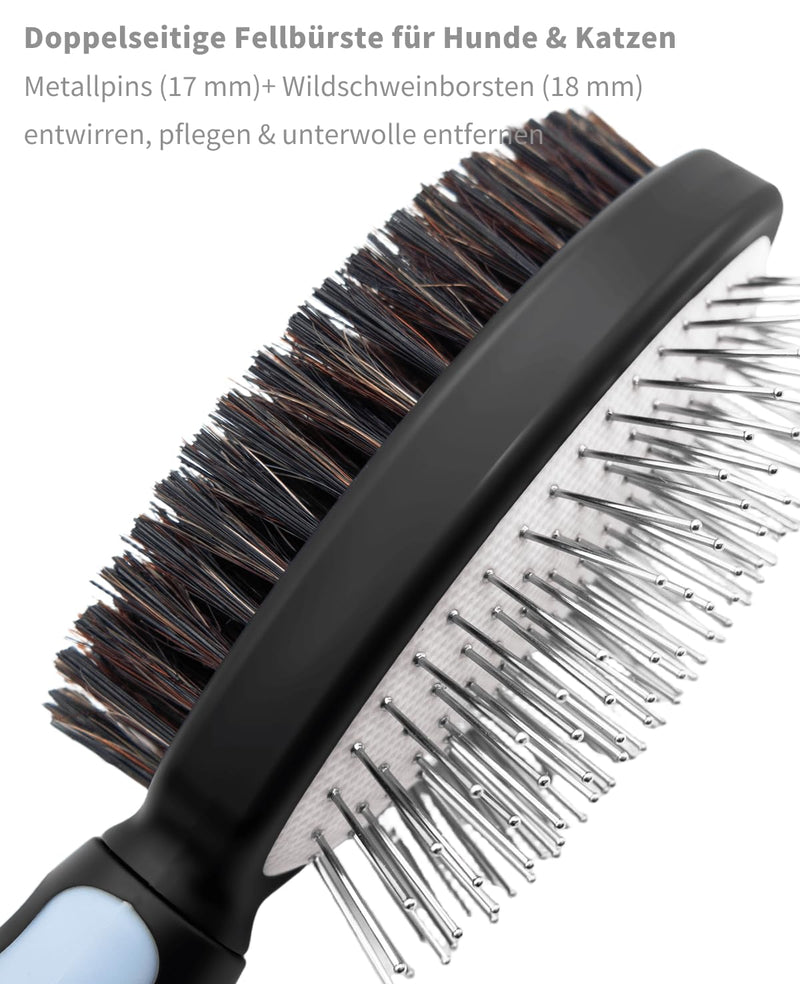 2-in-1 Dog Brush & Cat Brush - Detangling Comb for Long Hair & Short Hair, Metal Pins & Natural Bristles, Ergonomic TPR Handle, Gentle and Effective Grooming (Blue/Black)