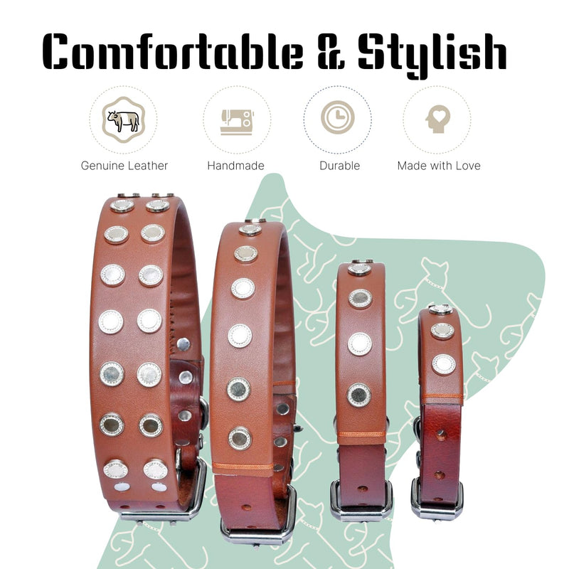 Premium Genuine Leather Dog Collar with Unique Rivet Detail - Durable, Adjustable, & Stylish & Comfortable Wear for All Breeds - Red Brown M (12.99~16.93") - PawsPlanet Australia