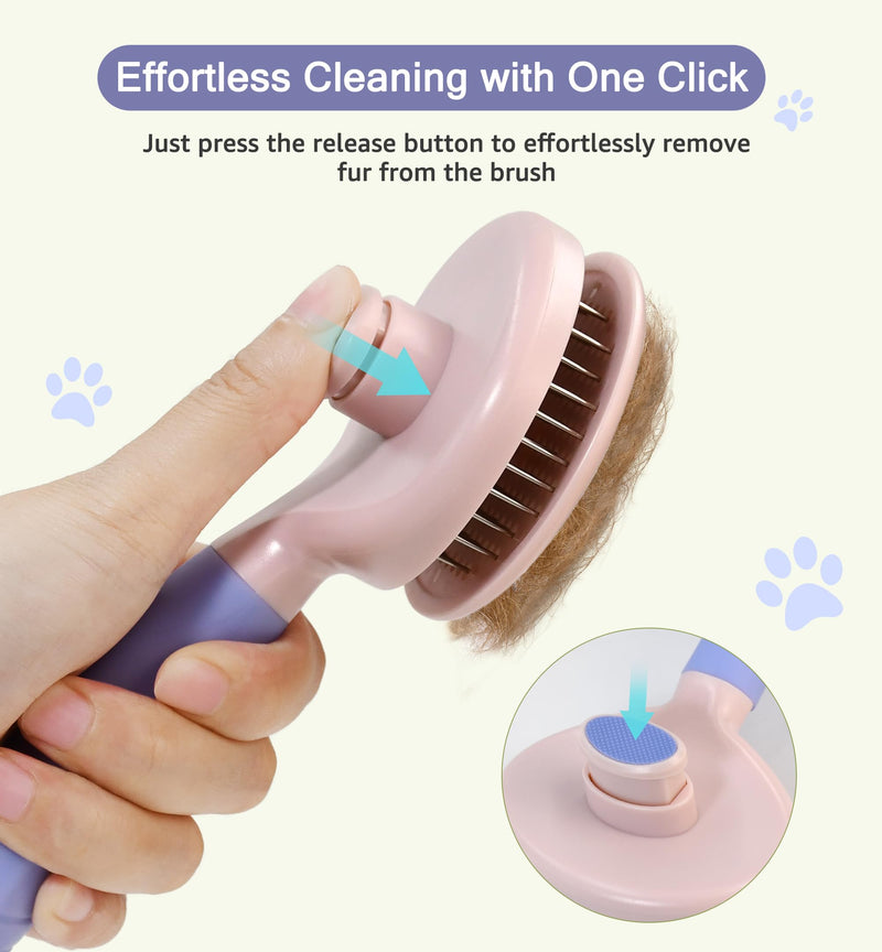 Pet Self-Cleaning Slicker Brush for Dogs & Cats, Deshedding Grooming Comb, Removes Loose Undercoat Hair & Mats, Skin-Friendly Massaging Tool for Long/Short Fur, Large & Small Breeds (Purple) Purple - PawsPlanet Australia