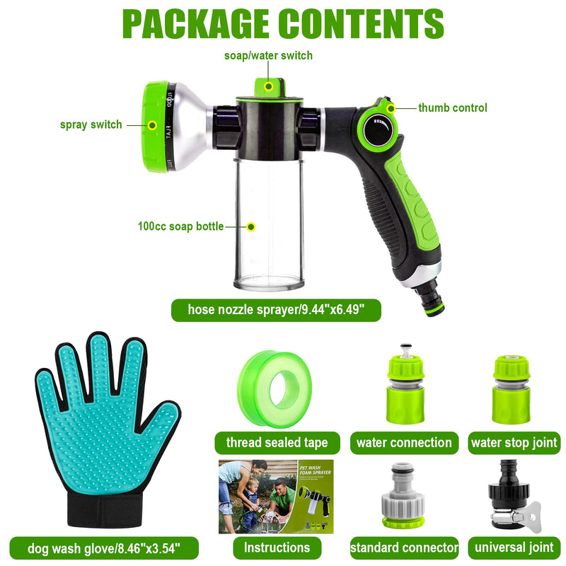 Pup Jet Dog Wash Hose Attachment, 8-in-1 Sprayer Mode Garden Hose Nozzle with Pet Grooming Glove and 100cc Soap Dispenser Bottle, Adopted in Watering Flowers, Car Wash, Dog and Horse Showering - PawsPlanet Australia