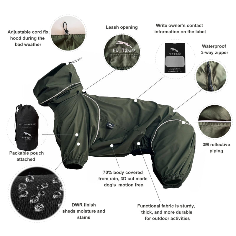 Dog Lightweight Windbreaker, Dog Outdoor 4-Legs Jacket, 0.5 lbs,Durable Water Repellent, Hooded, Easy on/Off with Collar and Harness, Reflective, Packable,Dark Olive (Large) Large - PawsPlanet Australia