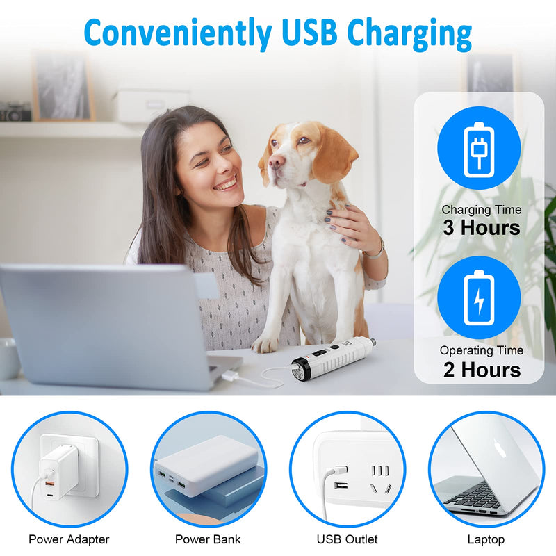 Casfuy Dog Nail Grinder with 2 LED Light for Large Medium Dogs - 3X More Powerful 2-Speed Electric Pet Nail Trimmer Rechargeable Quiet Painless Paws Grooming & Smoothing Tool White - PawsPlanet Australia