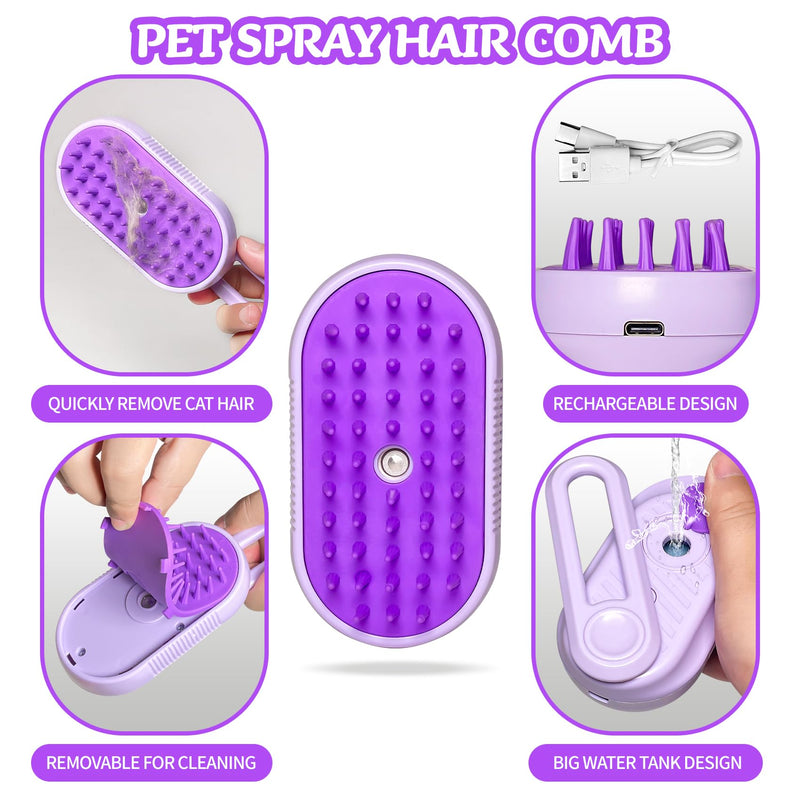 Spray Cat Brush for Shedding - Pet Grooming Brush with Steamer and Water Spray, Ideal for Cats and Dogs (Purple) Purple - PawsPlanet Australia