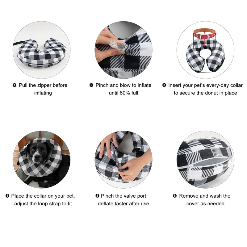 CuteBone Inflatable Dog Neck Donut with Removable Soft Fleece Covers for Small/Medium/Large Dogs and Cats After Surgery GWB03XL Black white plaid X-Large - PawsPlanet Australia