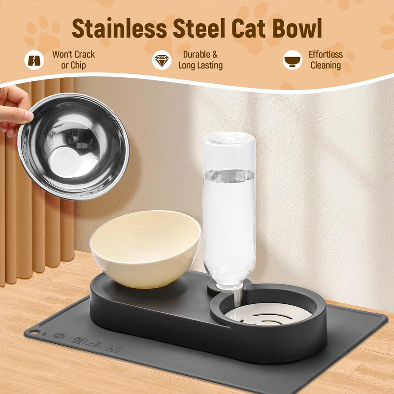 Marchul Raised Cat Bowls with Stand Tilted 15°, Stainless Steel Elevated Food and Water Bowl, Cat Food Bowl with Gravity Water Bottle 500ml, with Non-Slip Silicone Mat, Easy Clean for Cats/Small Dogs Bowl & Water Bottle with Mat