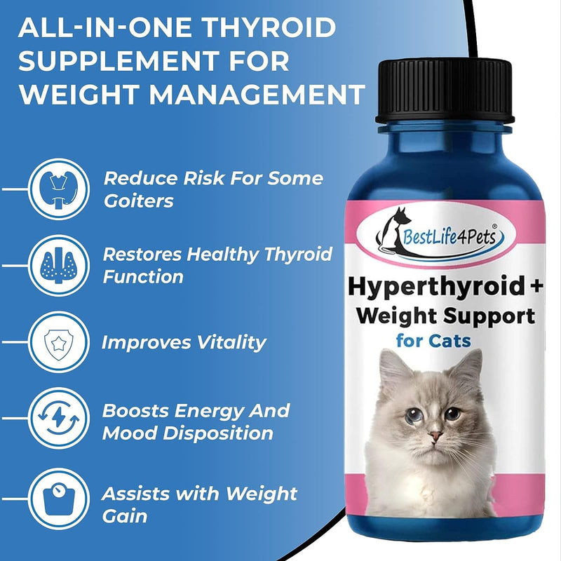 BestLife4Pets Cat Hyperthyroid + Weight Gain Support - Feline Thyroid Supplement for Metabolic Support - All-in-One Thyroid Supplement for Weight Management - Easy to Use Natural Pills