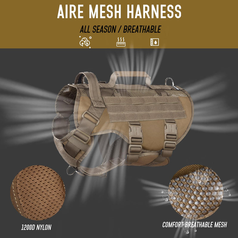 Tactical Dog Harness for Large Dogs, Breathable Air Mesh Dog Vest Harness, Service Dog Vest with Double Handles, No Pull Military Molle Vests for Walking Hiking Training Army Brown XL - PawsPlanet Australia