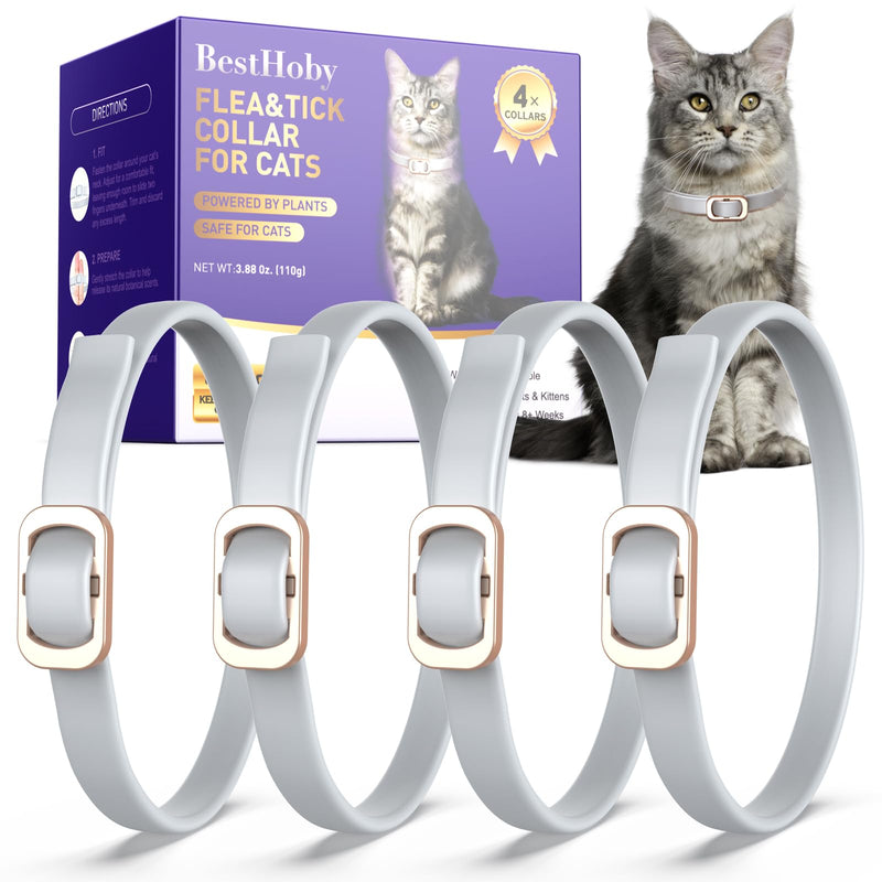 Flea and Tick Collar for Cats (4 Pack), Plant-Powered with Natural Essential Oils, Water-Resistant, Adjustable for All Cats & Kittens (Gray) Gray