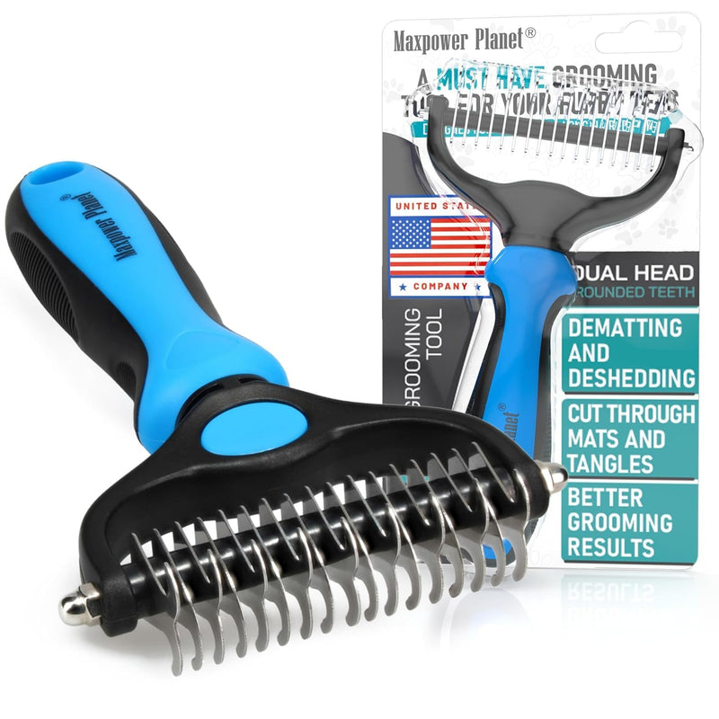 Maxpower Planet Dog Grooming Rake and Blue Deshedding Tool - Double-Sided Dermatting Brush and Grooming Brush for Pets - PawsPlanet Australia