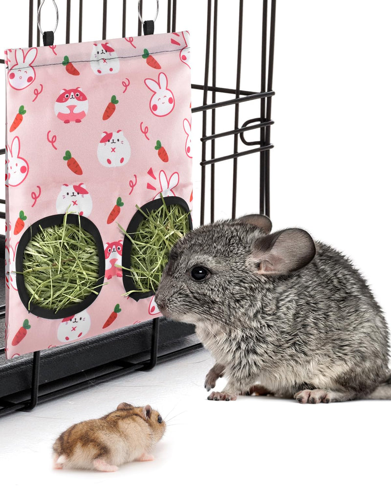 Bissap Rabbit Hay Feeder Bag, 2 Holes Hanging Hay Feeder Guinea Pig Hay Bag for Rabbits Bunny Chinchillas Hamsters Rats and Other Small Pets Small Animal - S (Pink) 2 Holes- Pink