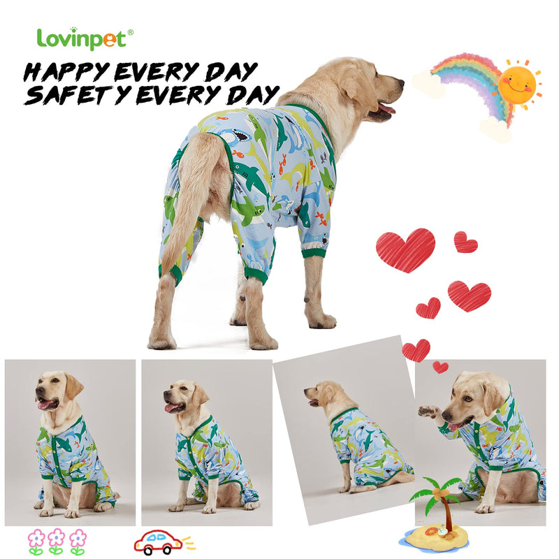 LovinPet Surgical Recovery Shirt for Large Dogs, Undershirt for Dog Coats, Lightweight Stretchy Knit Dog Onesie, Big Bites Turquoise Print Dog Jammies, UV Protection, Large Breed DogPj's, L Green/Blue Update - PawsPlanet Australia