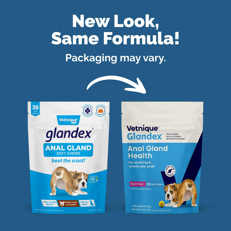 Vetnique Glandex Anal Gland Soft Chew Treats with Pumpkin for Dogs Digestive Enzymes, Probiotics Fiber Supplement for Dogs Boot The Scoot (Bacon Flavor Chews, 30 Count) Bacon Flavor Chews 30ct - PawsPlanet Australia