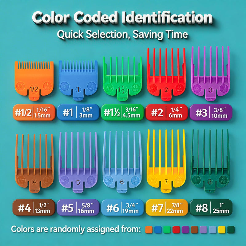 Clipper Guards Set Compatible with Most Wahl Clippers, Color Coded Clipper Guides Replacement - 1/16" to 1", 10 Piece Set