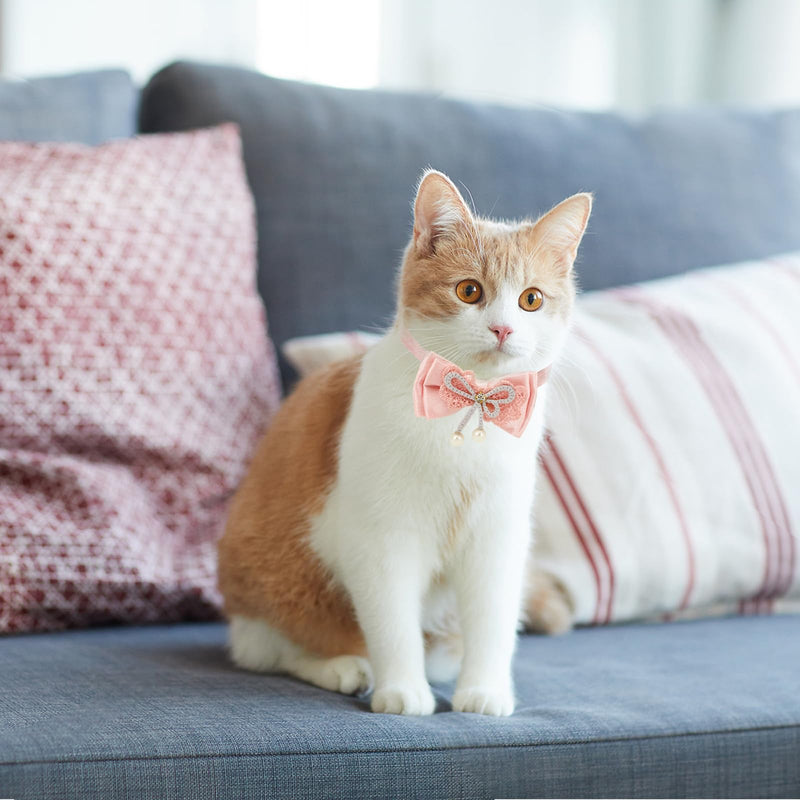 Pink Cat Collar, 4pcs Safety Buckle Kitten Collar Girl with Pearl Pendant Adjustable Cute Cat Collars for Girl Cats with Bow Fashion Comfortable Washable Removable Design - PawsPlanet Australia