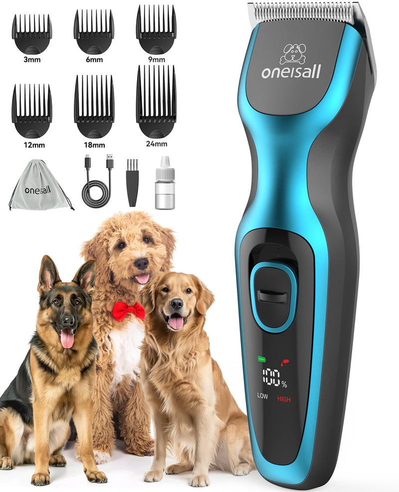 oneisall Dog Clippers for Grooming 2-Speed Super Power Dog Clippers 50dB Quiet Rechargeable Cordless Dog Trimmer with Detachable Stainless Steel Blade for Small & Large Dogs with Thick Coats