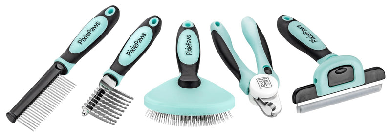 Pixie Paws Grooming Pet Brush 6 Piece Set, Dog and Cat Kit, Dematting Comb, Deshedding Fur, Toothbrush Clean Teeth, Remove Knot Tangles, Nail Clippers, Comfortable Handle - 530004E - PawsPlanet Australia